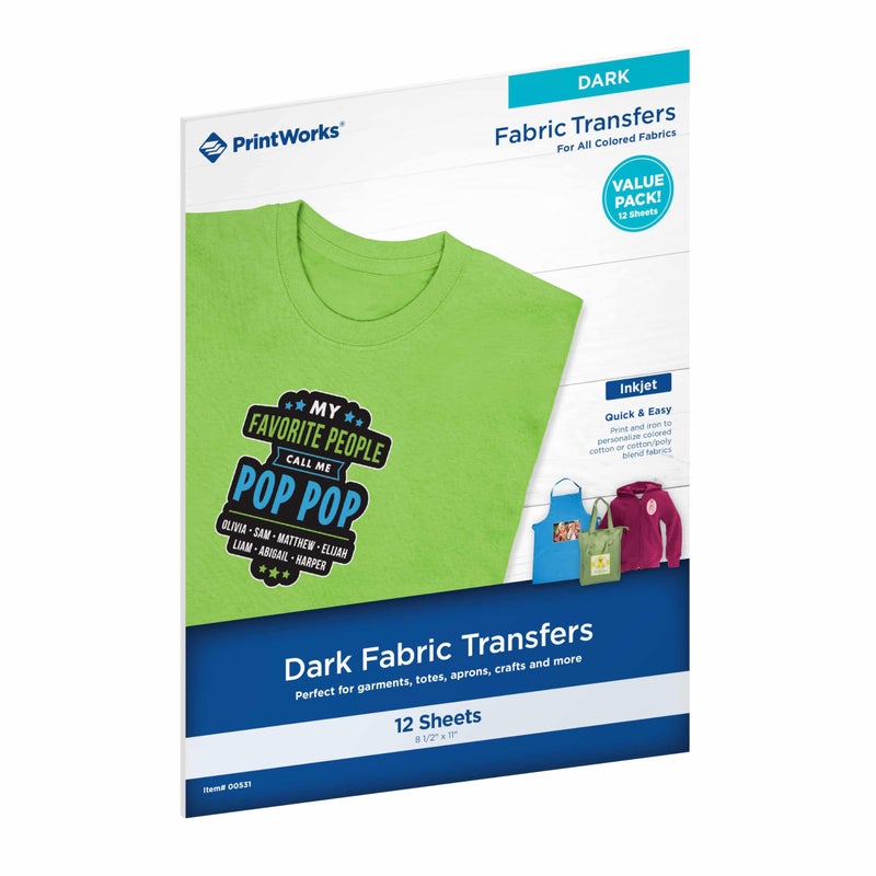 PrintWorks Iron on Heat Transfer Paper for Inkjet Printer - Printable Heat Transfer Vinyl for Dark Fabric (Printable HTV) - 8.5" x 11" - 12 Sheets - Made in The USA - Iron on Vinyl (00531) - Image 1
